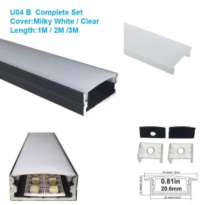 5/10/25/50 Pack Black U04 10x23mm U-Shape Internal Width 20mm LED Aluminum Channel System with Cover, End Caps and Mounting Clips Aluminum Extrusion for LED Strip Light Installations