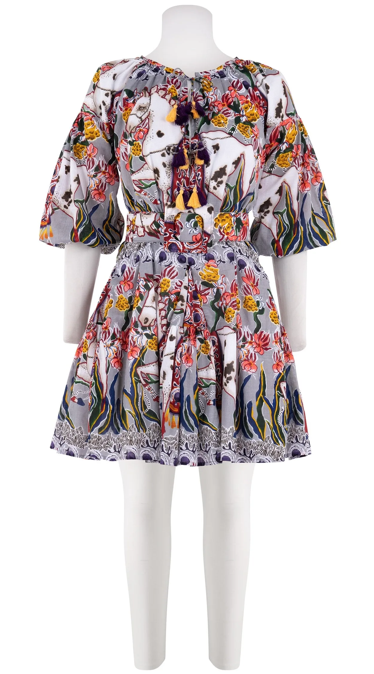 Birdy Dress #1 Crew Neck 3/4 Puff Sleeve with Hamilton Belt Mini Length Cotton Musola (Spotted Pony)