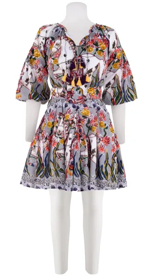 Birdy Dress #1 Crew Neck 3/4 Puff Sleeve with Hamilton Belt Mini Length Cotton Musola (Spotted Pony)