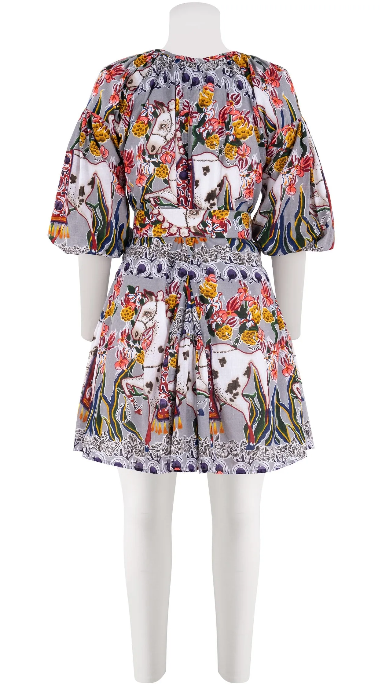 Birdy Dress #1 Crew Neck 3/4 Puff Sleeve with Hamilton Belt Mini Length Cotton Musola (Spotted Pony)