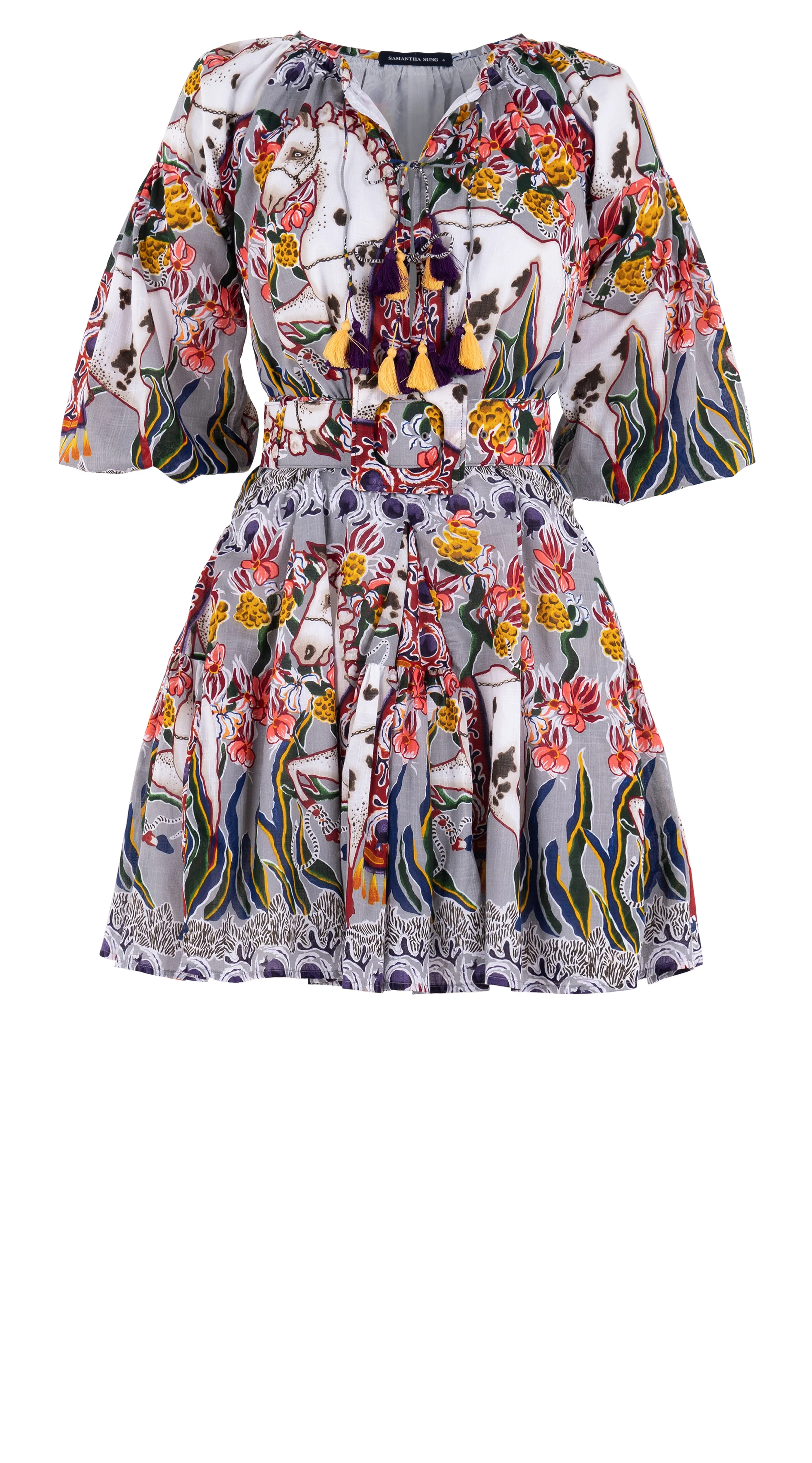 Birdy Dress #1 Crew Neck 3/4 Puff Sleeve with Hamilton Belt Mini Length Cotton Musola (Spotted Pony)