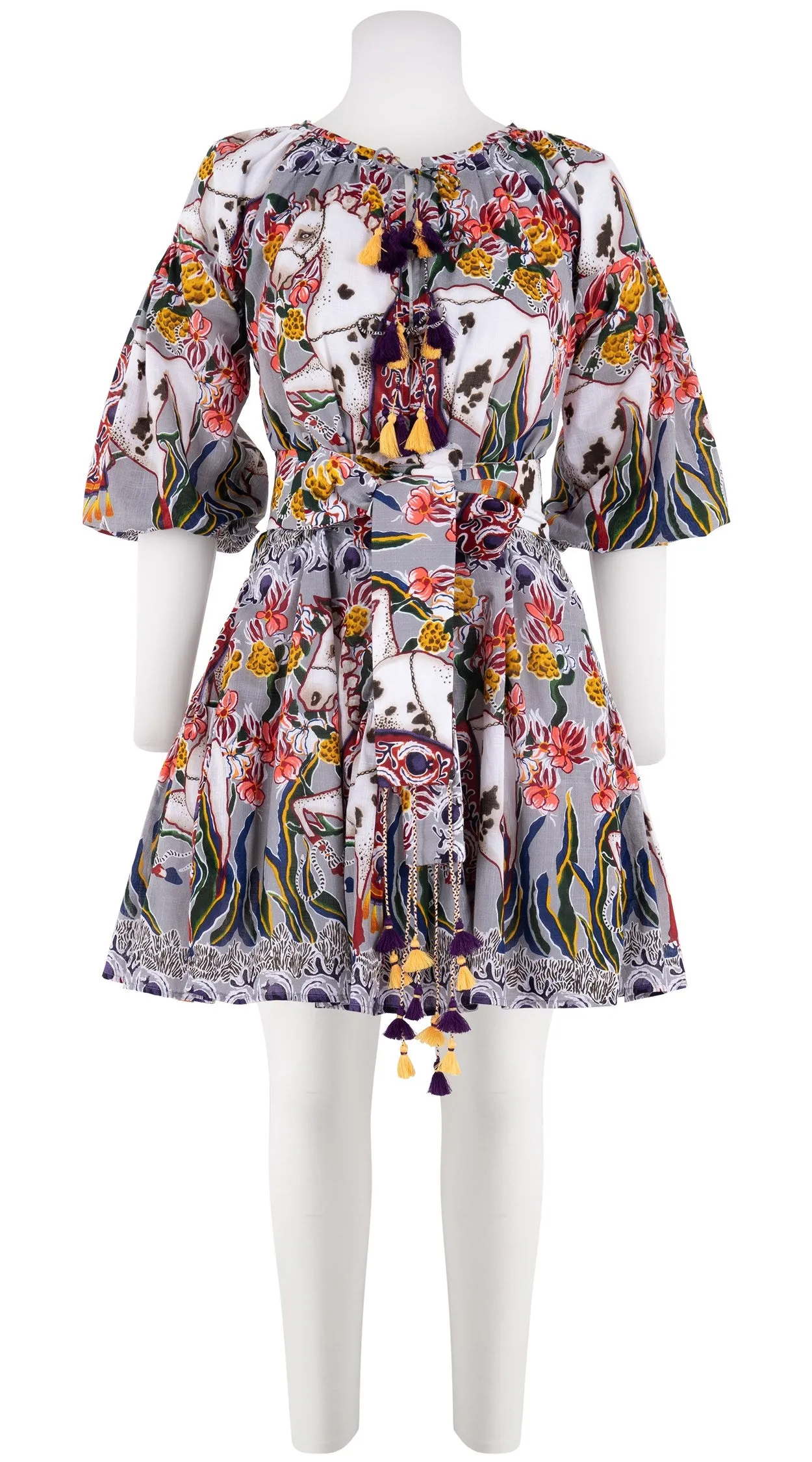 Birdy Dress #1 Crew Neck 3/4 Puff Sleeve with Hamilton Belt Mini Length Cotton Musola (Spotted Pony)