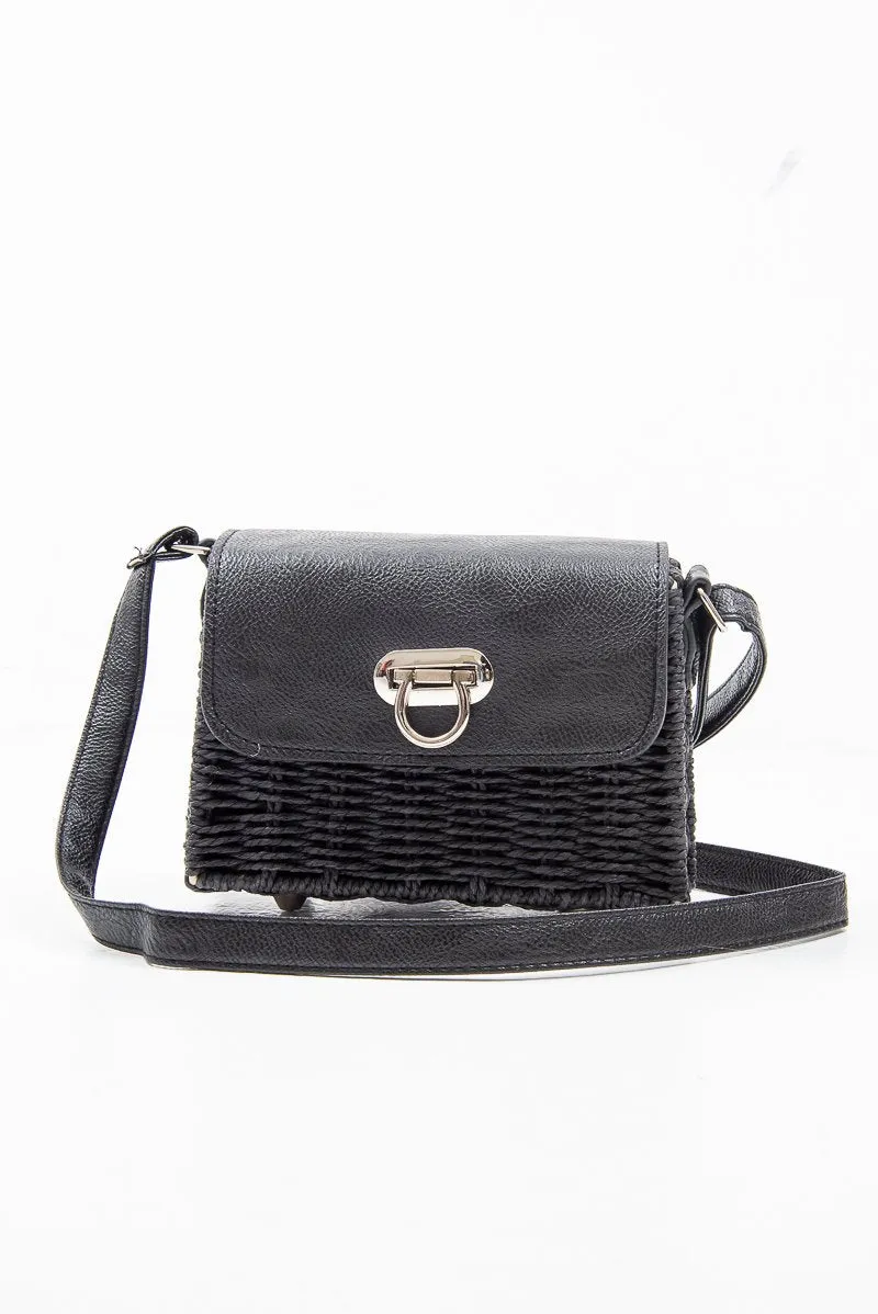 Black Straw Woven Faux Leather Bag - Delphine