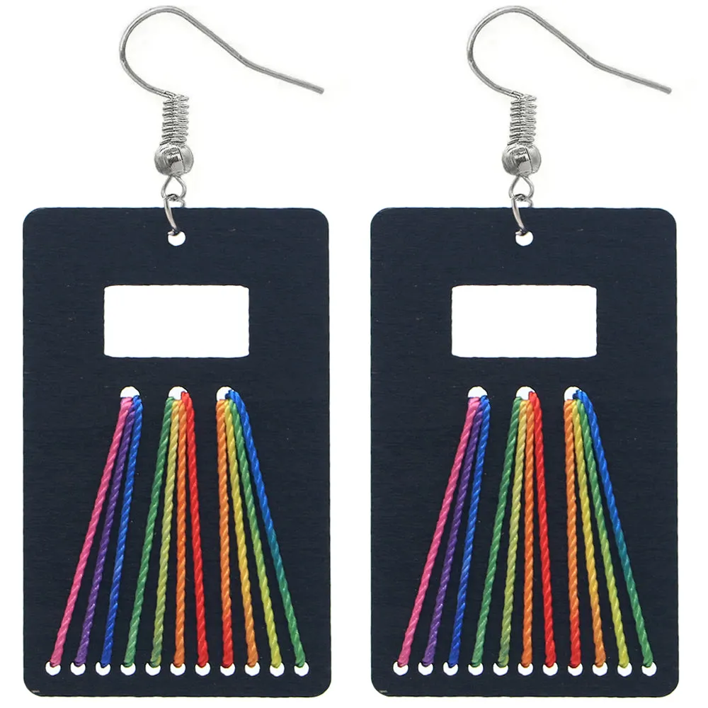 Black Woven Wooden Rectangle Earrings