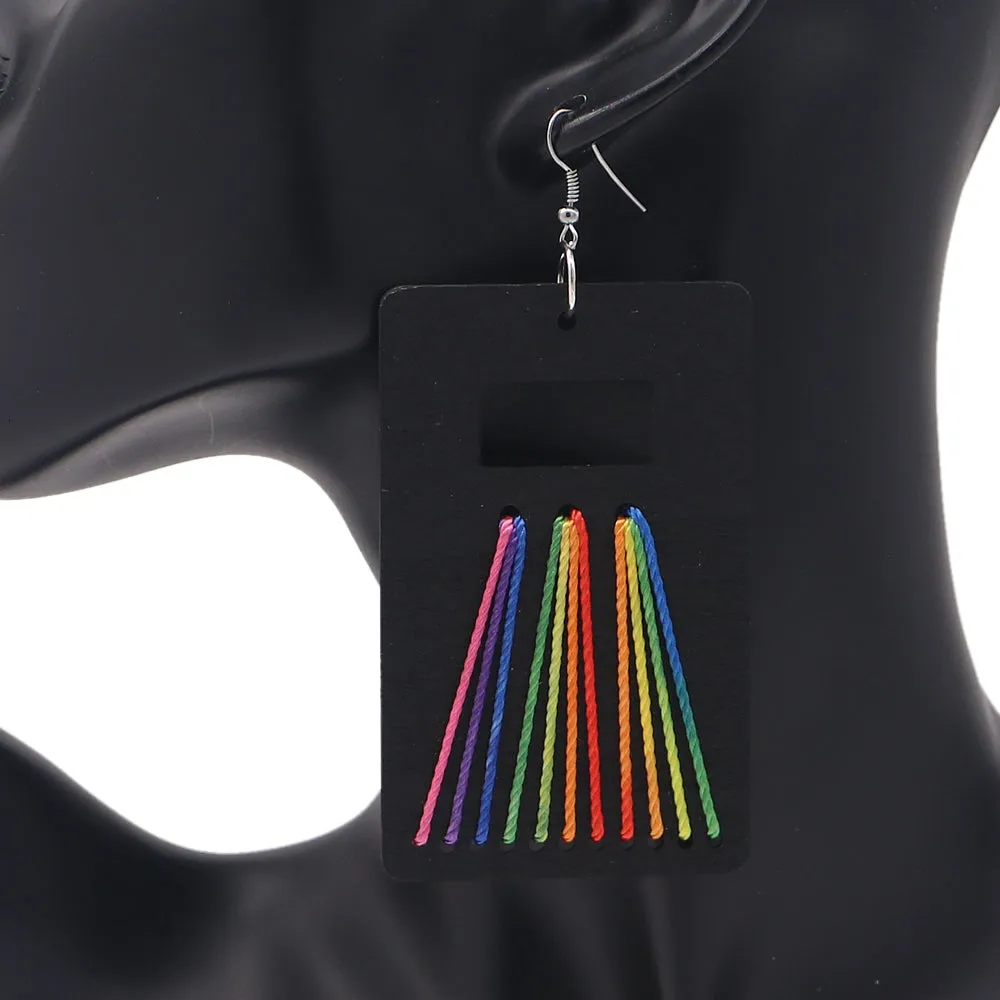 Black Woven Wooden Rectangle Earrings