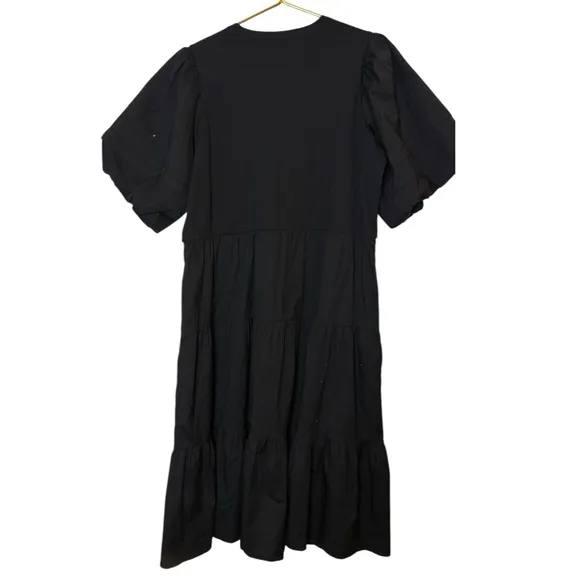 Chicos Henley Rib Knit Woven Tiered Midi Dres Poplin Black Cotton A-line XXL
