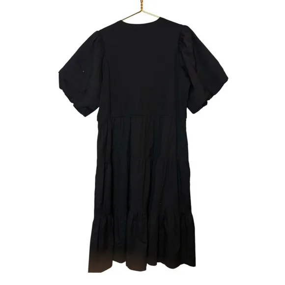 Chicos Henley Rib Knit Woven Tiered Midi Dres Poplin Black Cotton A-line XXL