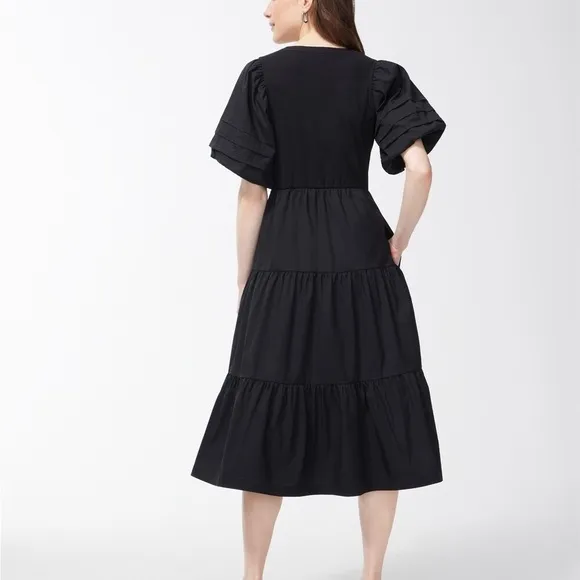 Chicos Henley Rib Knit Woven Tiered Midi Dres Poplin Black Cotton A-line XXL