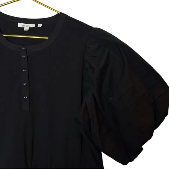 Chicos Henley Rib Knit Woven Tiered Midi Dres Poplin Black Cotton A-line XXL