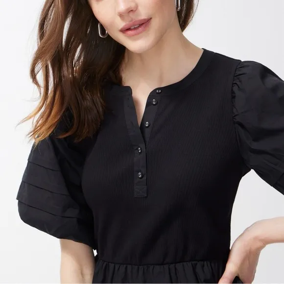 Chicos Henley Rib Knit Woven Tiered Midi Dres Poplin Black Cotton A-line XXL