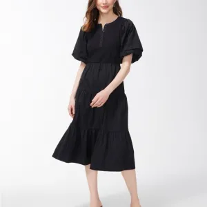 Chicos Henley Rib Knit Woven Tiered Midi Dres Poplin Black Cotton A-line XXL