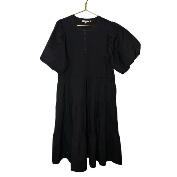 Chicos Henley Rib Knit Woven Tiered Midi Dres Poplin Black Cotton A-line XXL