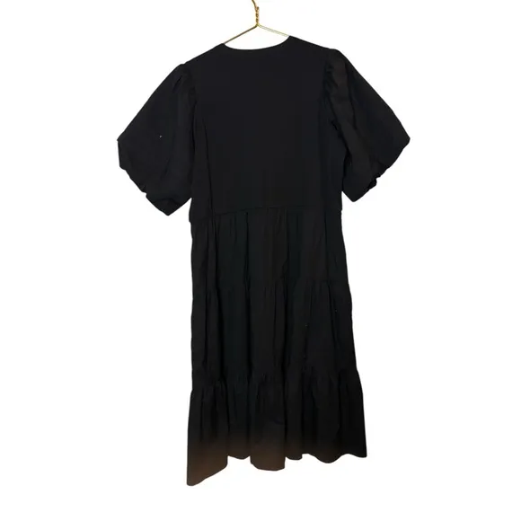 Chicos Henley Rib Knit Woven Tiered Midi Dres Poplin Black Cotton A-line XXL