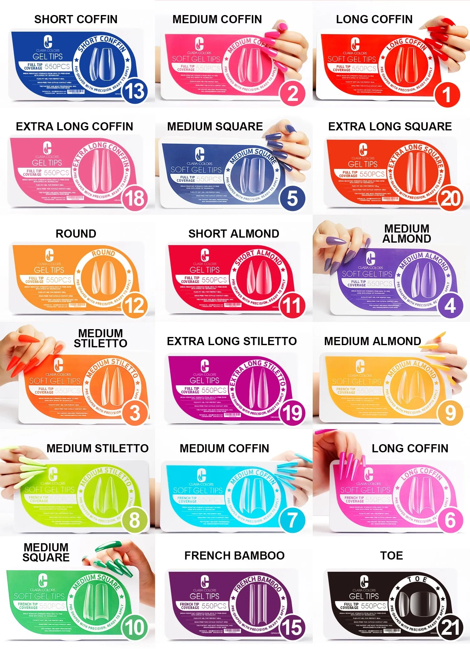 Clara Color - Full Cover Gel Tips - #13 Short Coffin 550pcs