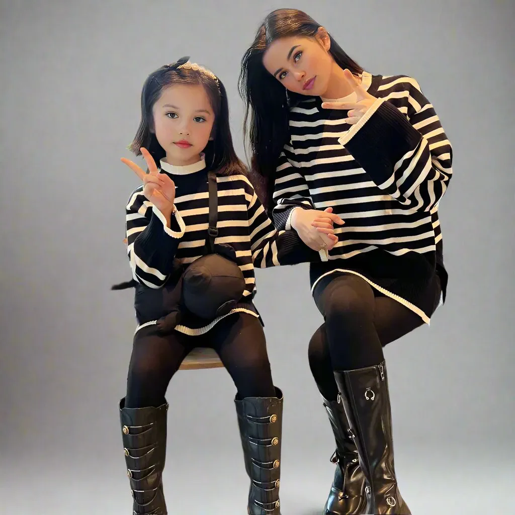 Cozy Matching Black & White Striped Sweater Set for Mom and Daughter