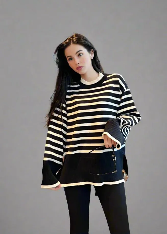 Cozy Matching Black & White Striped Sweater Set for Mom and Daughter