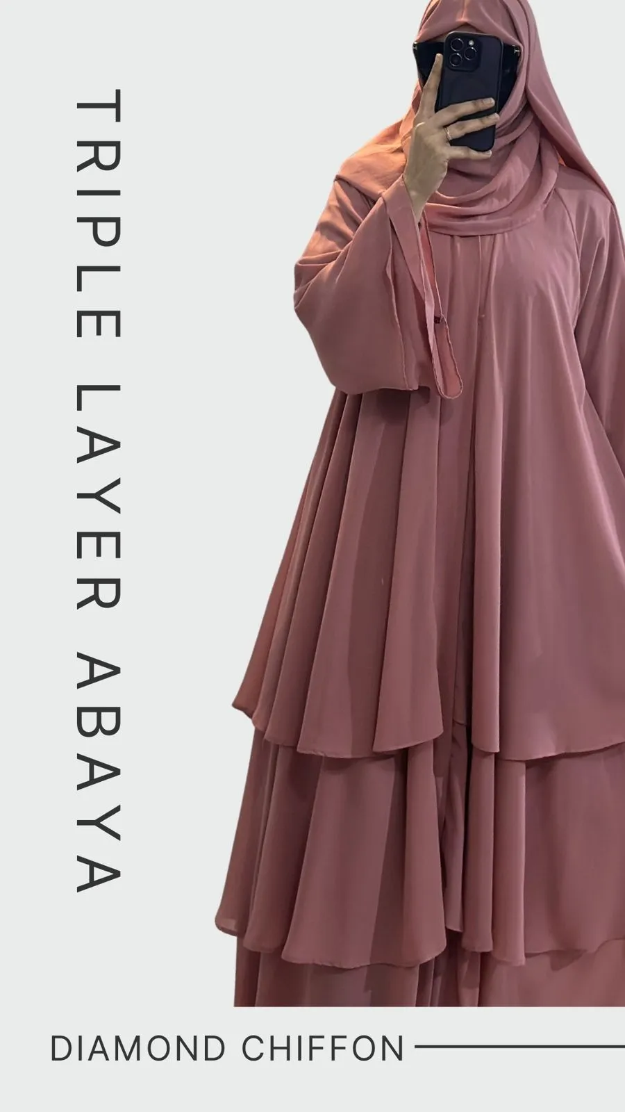 Diamond Chiffon Triple Layer Front Open Stylish Sleeves Pink Abaya Burqa with Matching Hijab and Belt