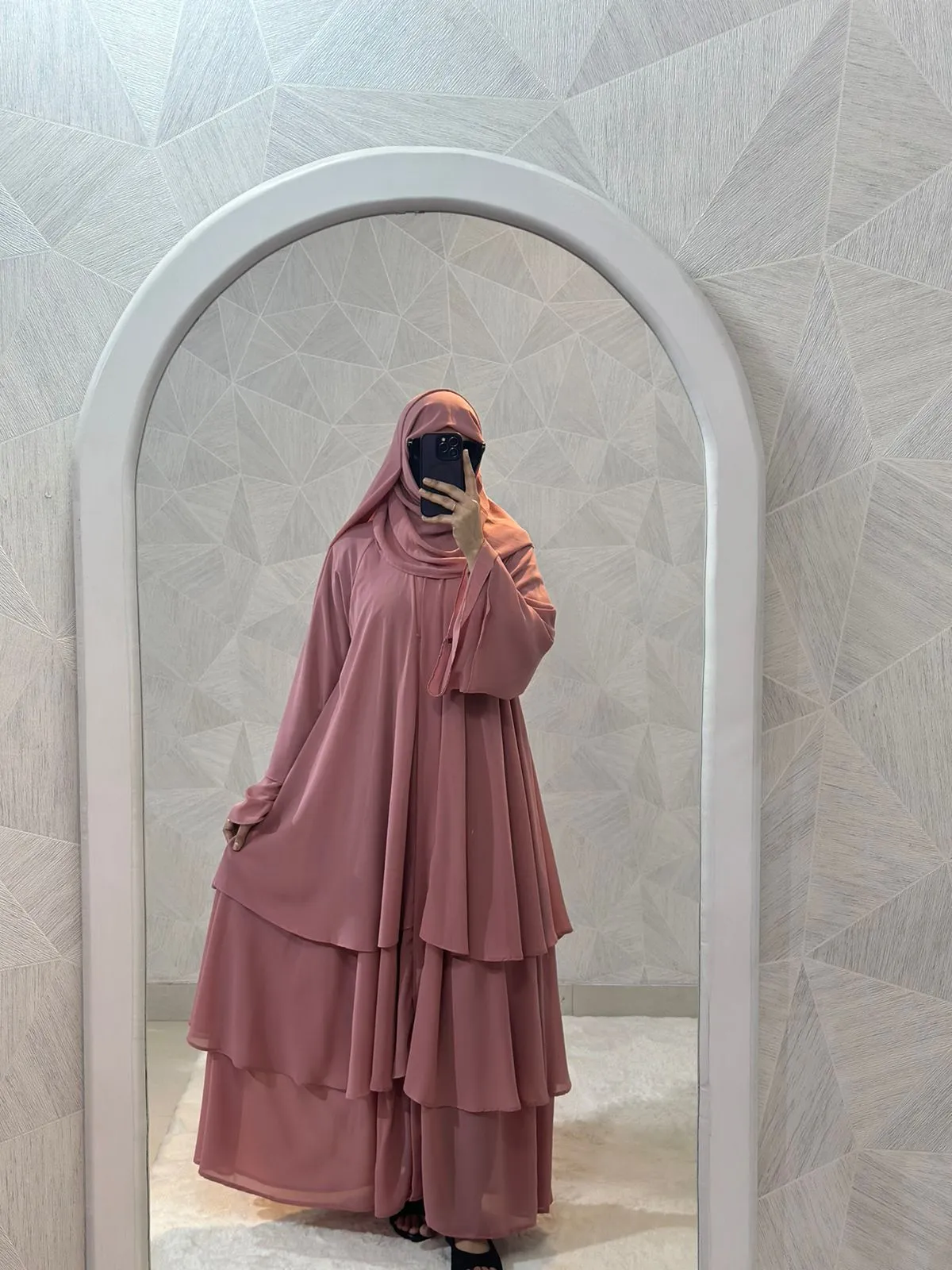 Diamond Chiffon Triple Layer Front Open Stylish Sleeves Pink Abaya Burqa with Matching Hijab and Belt