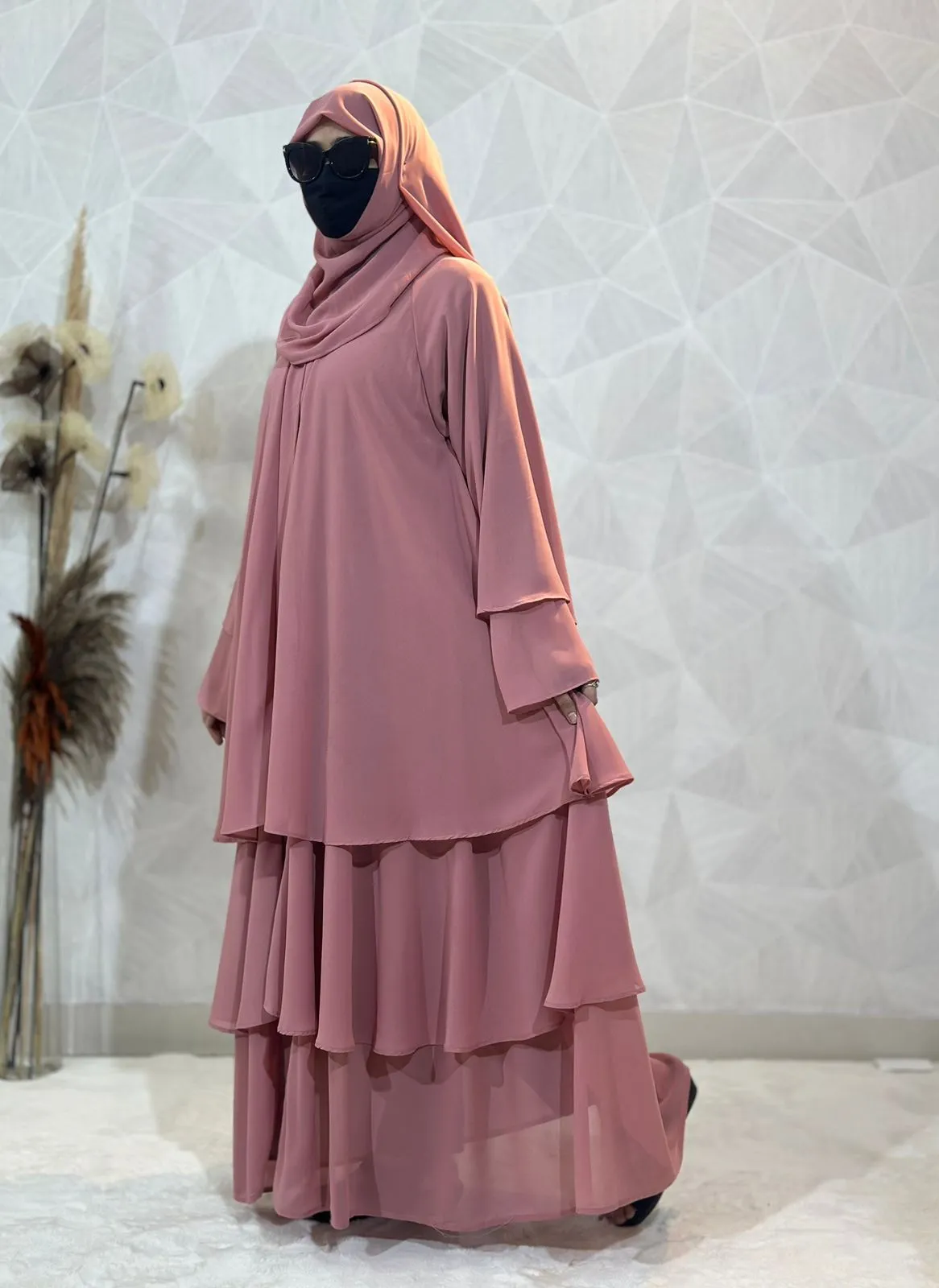 Diamond Chiffon Triple Layer Front Open Stylish Sleeves Pink Abaya Burqa with Matching Hijab and Belt