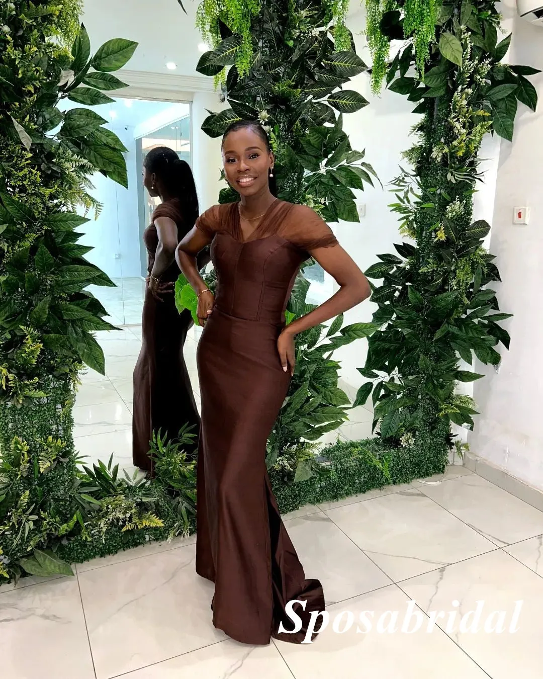 Elegant Brown Tulle And Soft Satin V-Neck Sleeveless Mermaid Floor Length Bridesmaid Dresses, BD3313