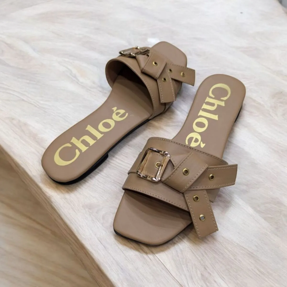 Flat Mae Buckle Embellished Brown Slippers