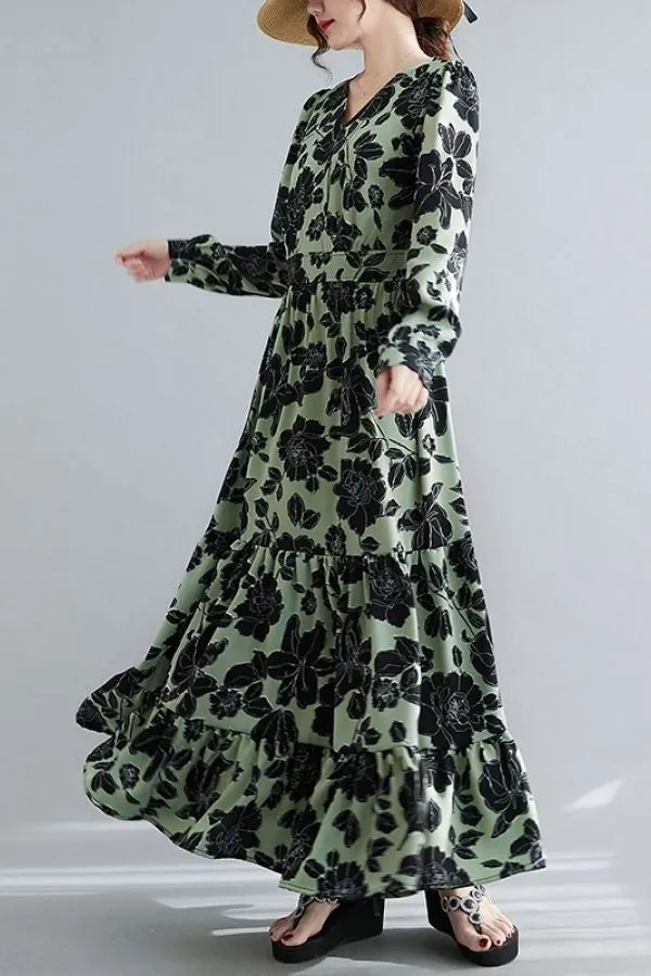 Floral Printed V Neck Maxi Dress