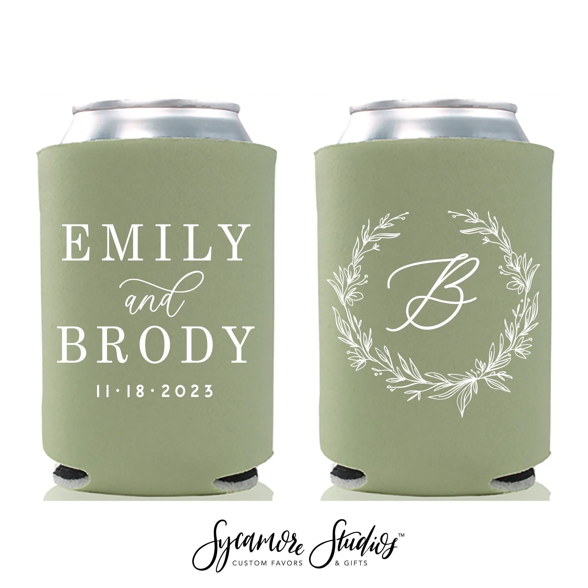 Floral Wreath Monogram  - Wedding Can Cooler #211R