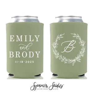Floral Wreath Monogram  - Wedding Can Cooler #211R