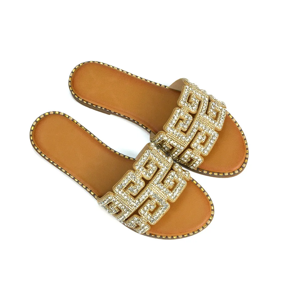 Freya Cut Out Embellished Diamante Flat Summer Sandals Slip On Slides In Gold