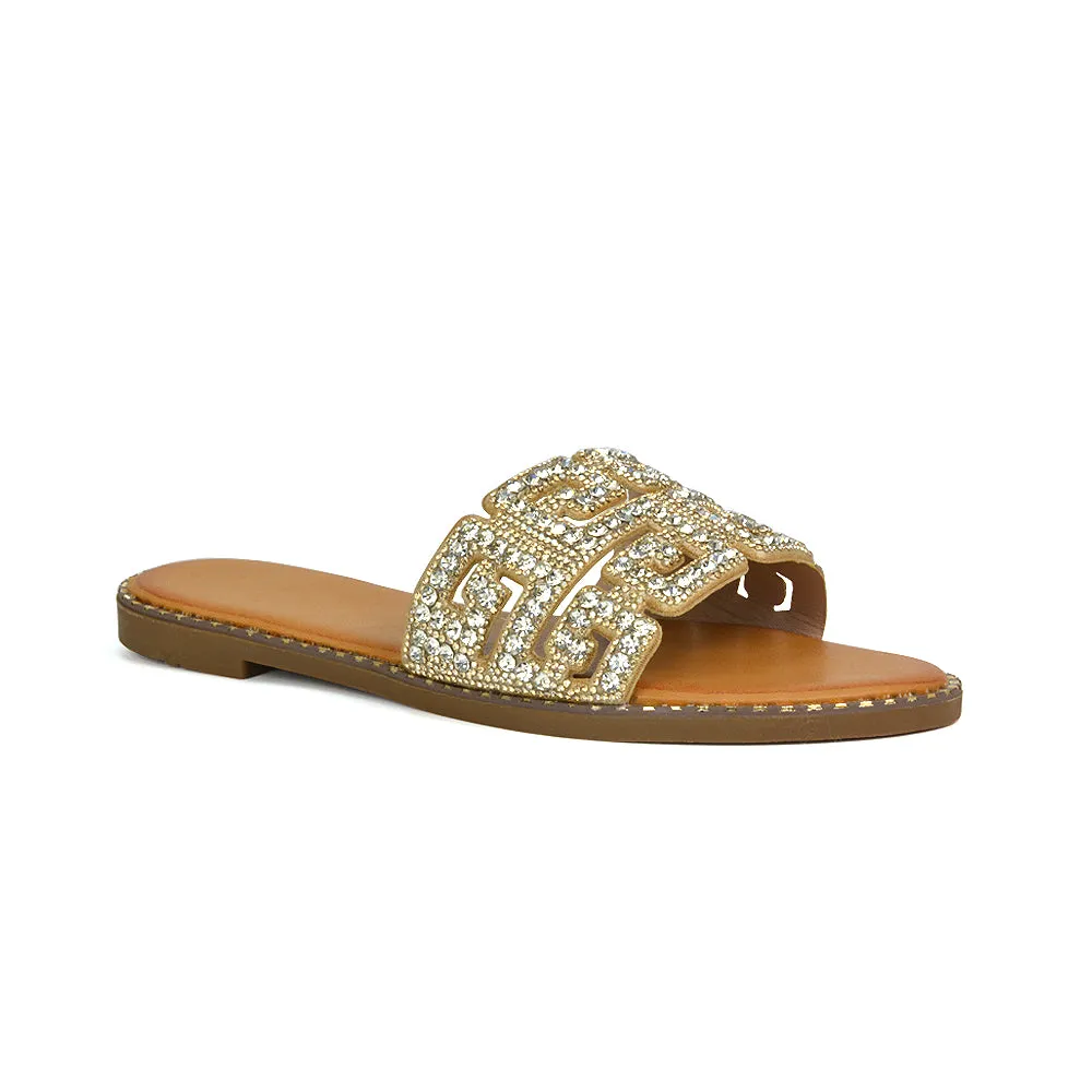 Freya Cut Out Embellished Diamante Flat Summer Sandals Slip On Slides In Gold