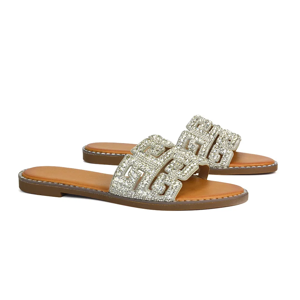 Freya Cut Out Embellished Diamante Flat Summer Sandals Slip On Slides In Gold