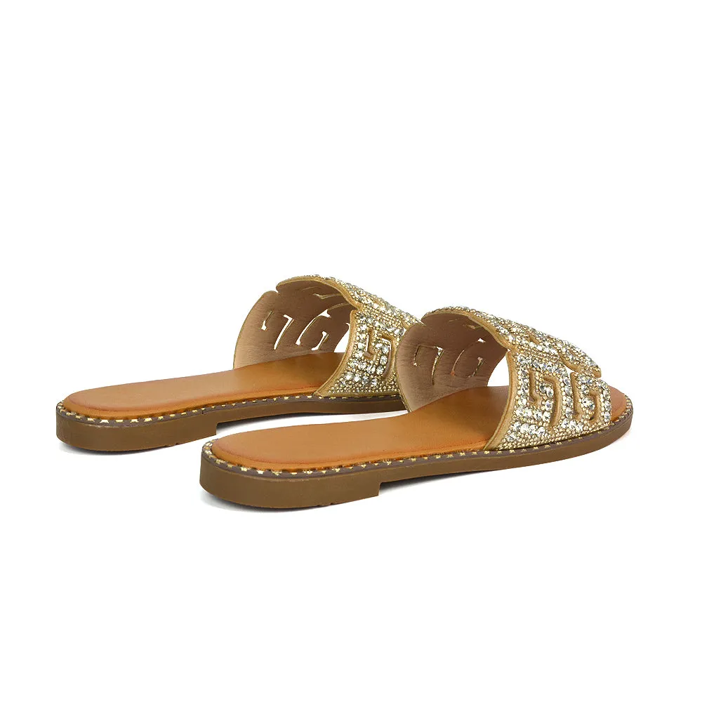 Freya Cut Out Embellished Diamante Flat Summer Sandals Slip On Slides In Gold
