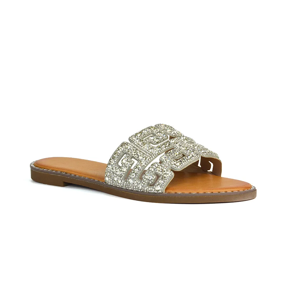 Freya Cut Out Embellished Diamante Flat Summer Sandals Slip On Slides In Gold