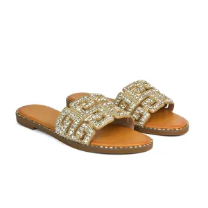 Freya Cut Out Embellished Diamante Flat Summer Sandals Slip On Slides In Gold