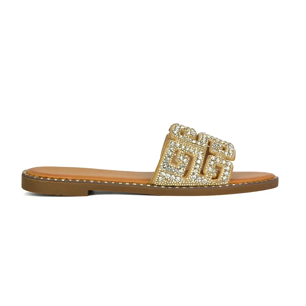 Freya Cut Out Embellished Diamante Flat Summer Sandals Slip On Slides In Gold