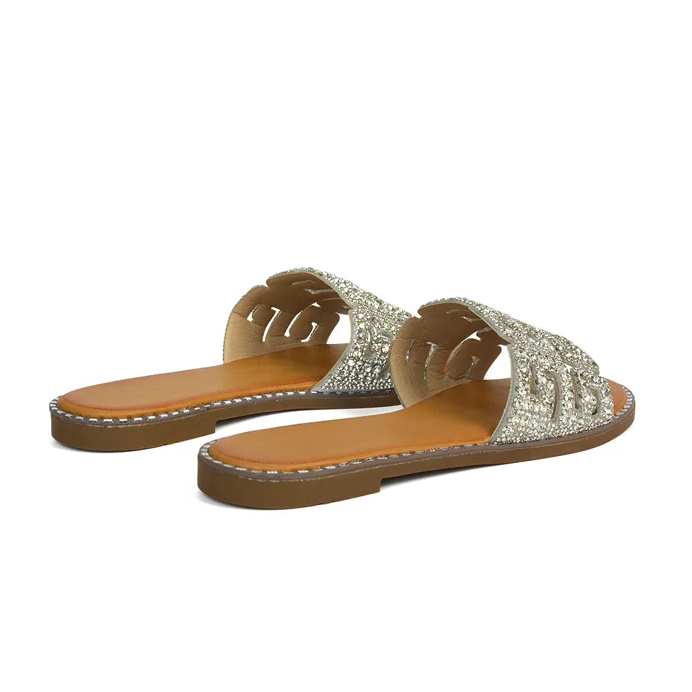 Freya Cut Out Embellished Diamante Flat Summer Sandals Slip On Slides In Gold