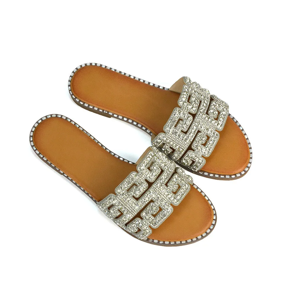 Freya Cut Out Embellished Diamante Flat Summer Sandals Slip On Slides In Gold