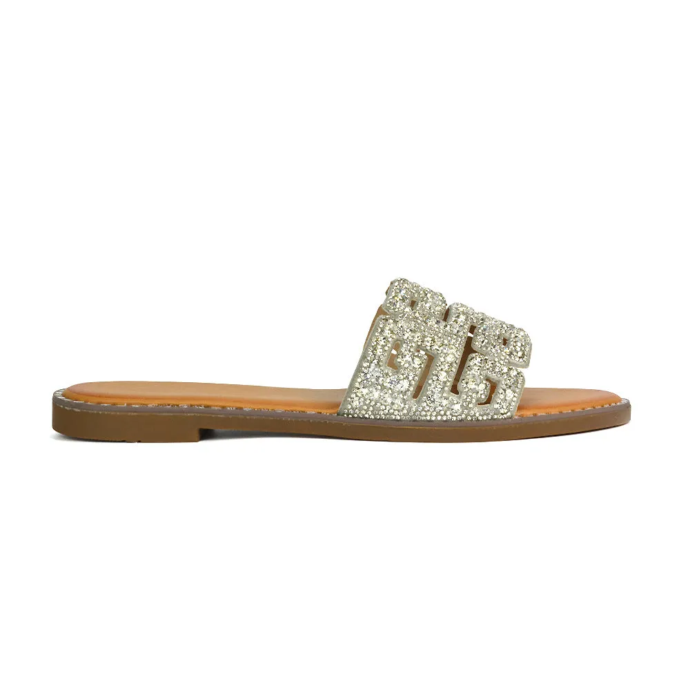 Freya Cut Out Embellished Diamante Flat Summer Sandals Slip On Slides In Gold