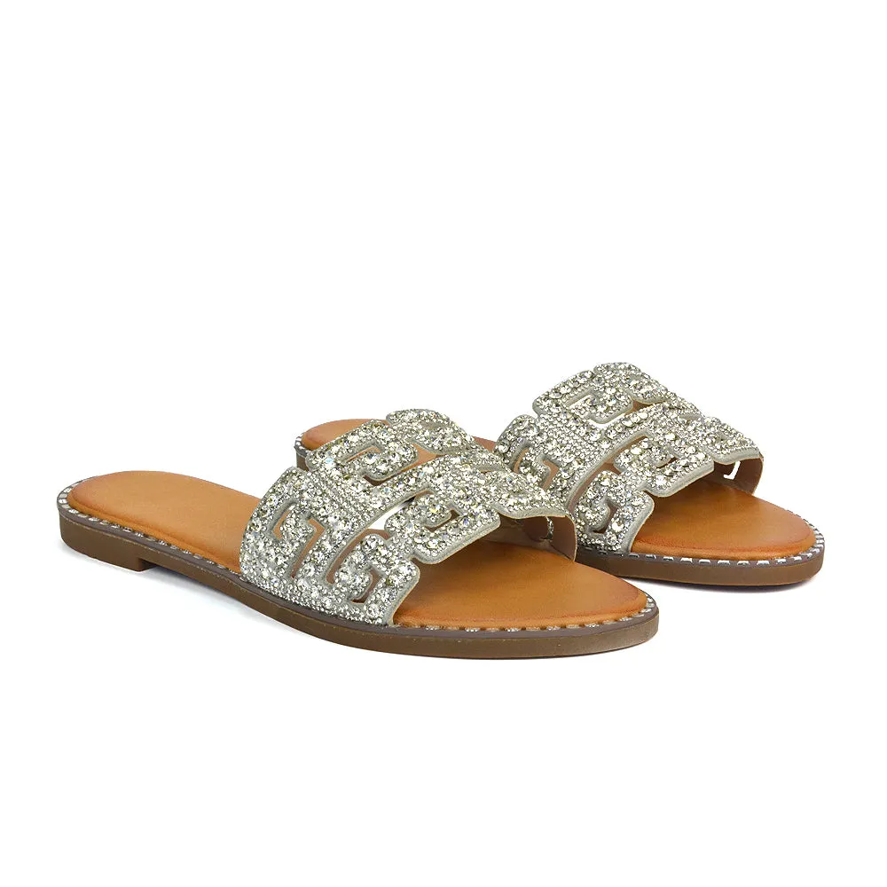 Freya Cut Out Embellished Diamante Flat Summer Sandals Slip On Slides In Gold
