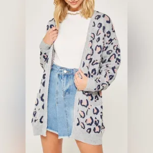 Grey Leopard Knit Sweater Cardigan