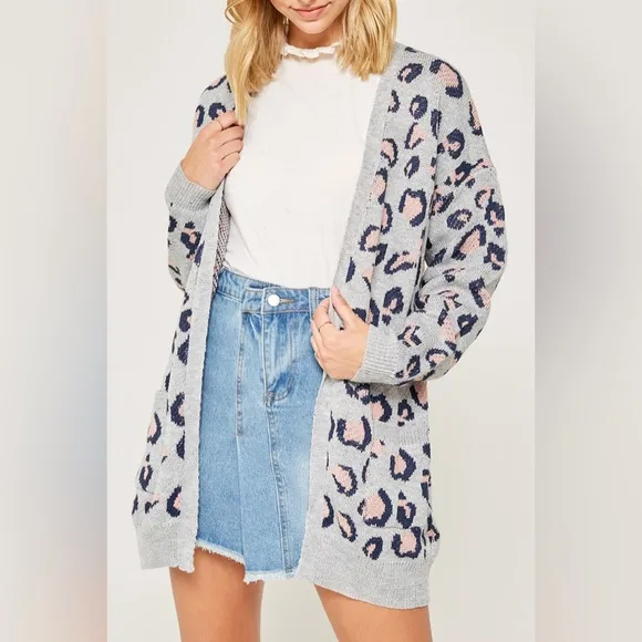 Grey Leopard Knit Sweater Cardigan