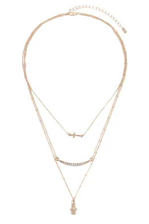 HAMSA HAND EVIL EYE WITH CROSS PENDANT LAYERED NECKLACE