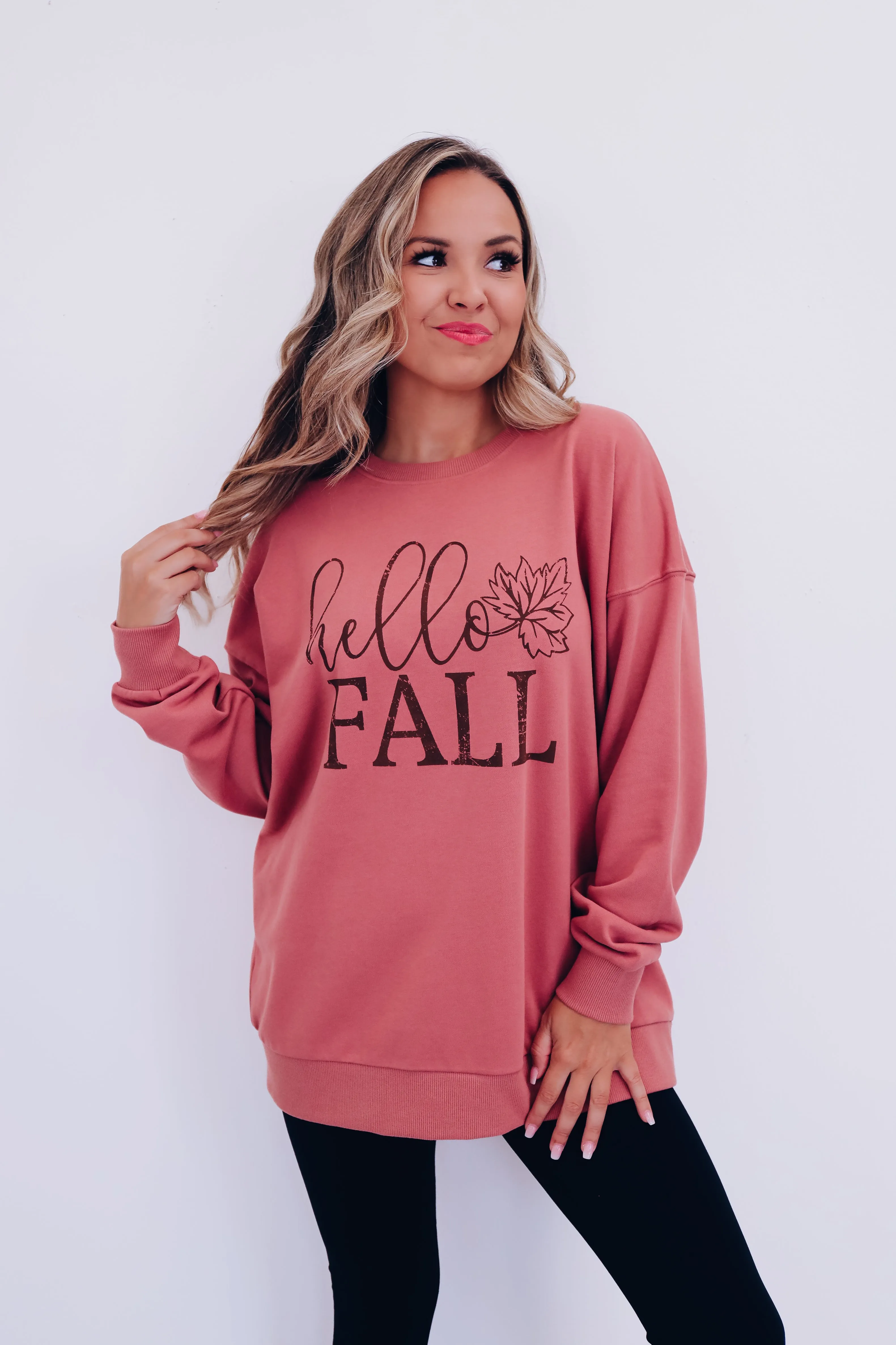 Hello Fall Oversized Graphic Sweatshirt - Mauve