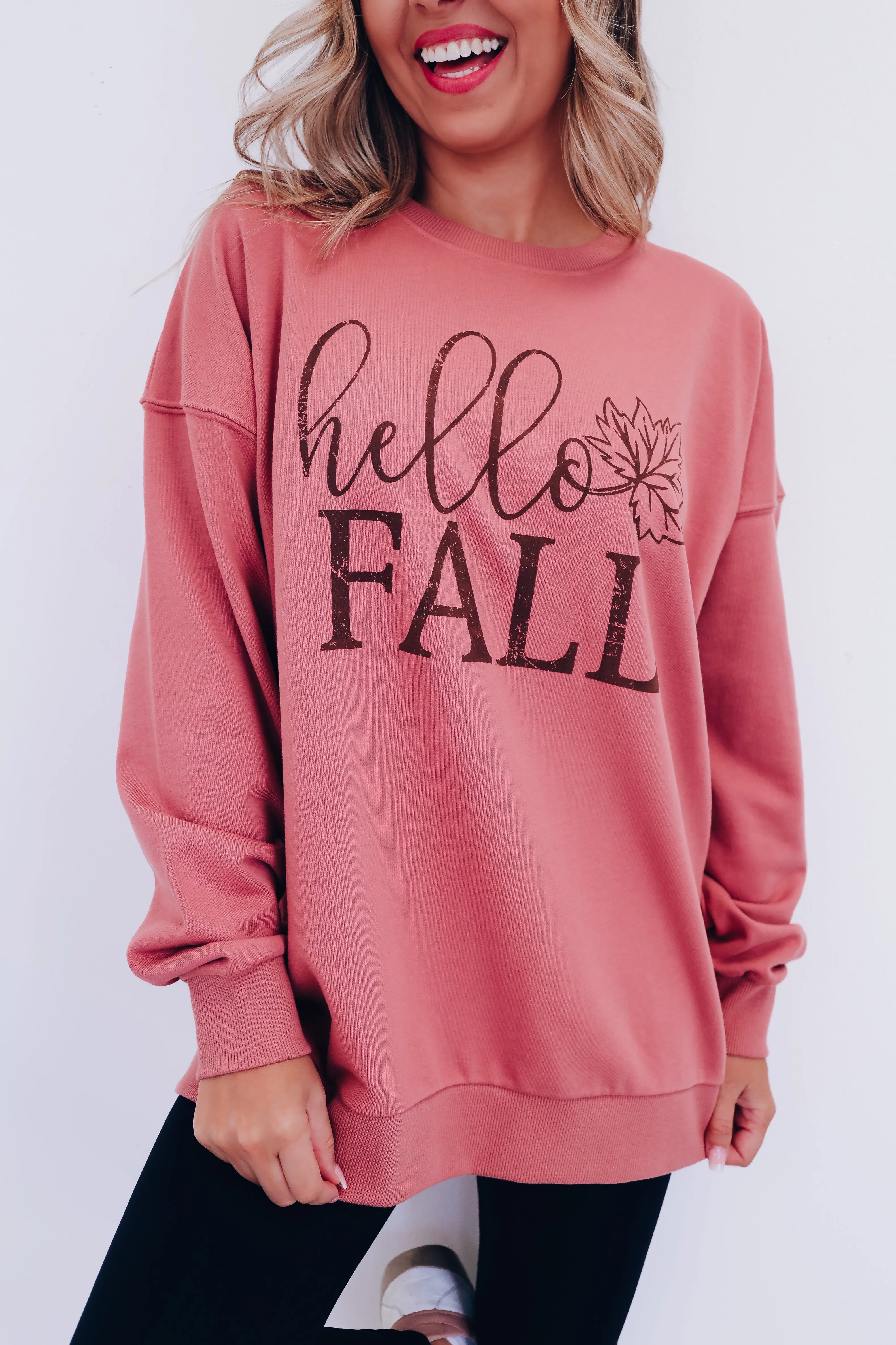 Hello Fall Oversized Graphic Sweatshirt - Mauve