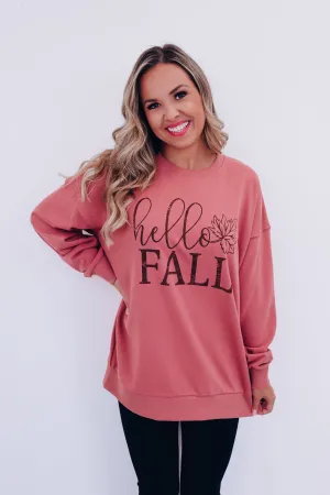 Hello Fall Oversized Graphic Sweatshirt - Mauve