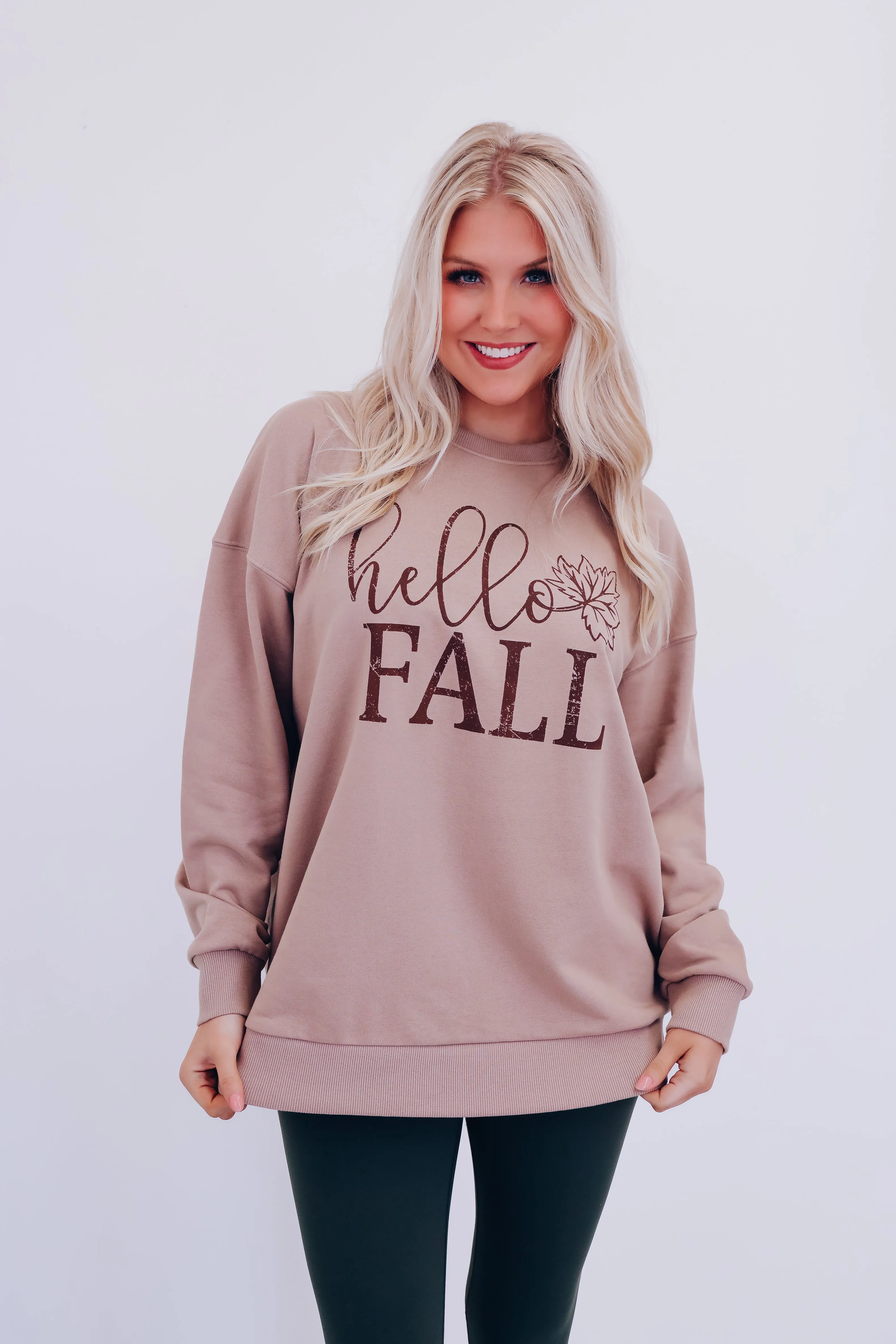 Hello Fall Oversized Graphic Sweatshirt - Tan