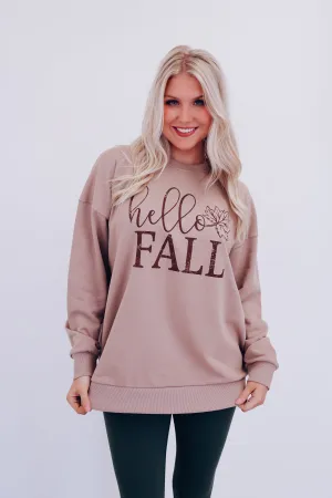 Hello Fall Oversized Graphic Sweatshirt - Tan