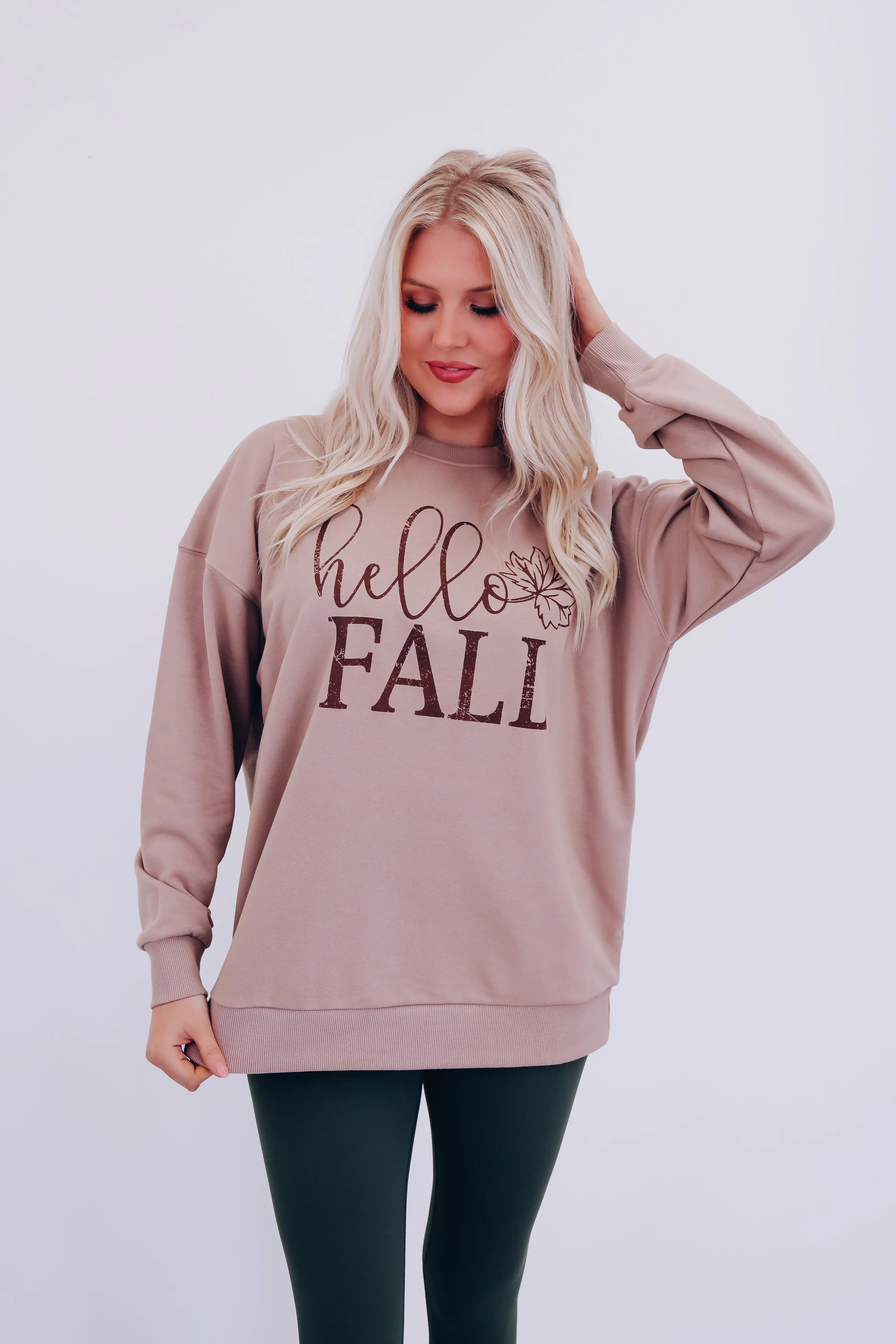 Hello Fall Oversized Graphic Sweatshirt - Tan