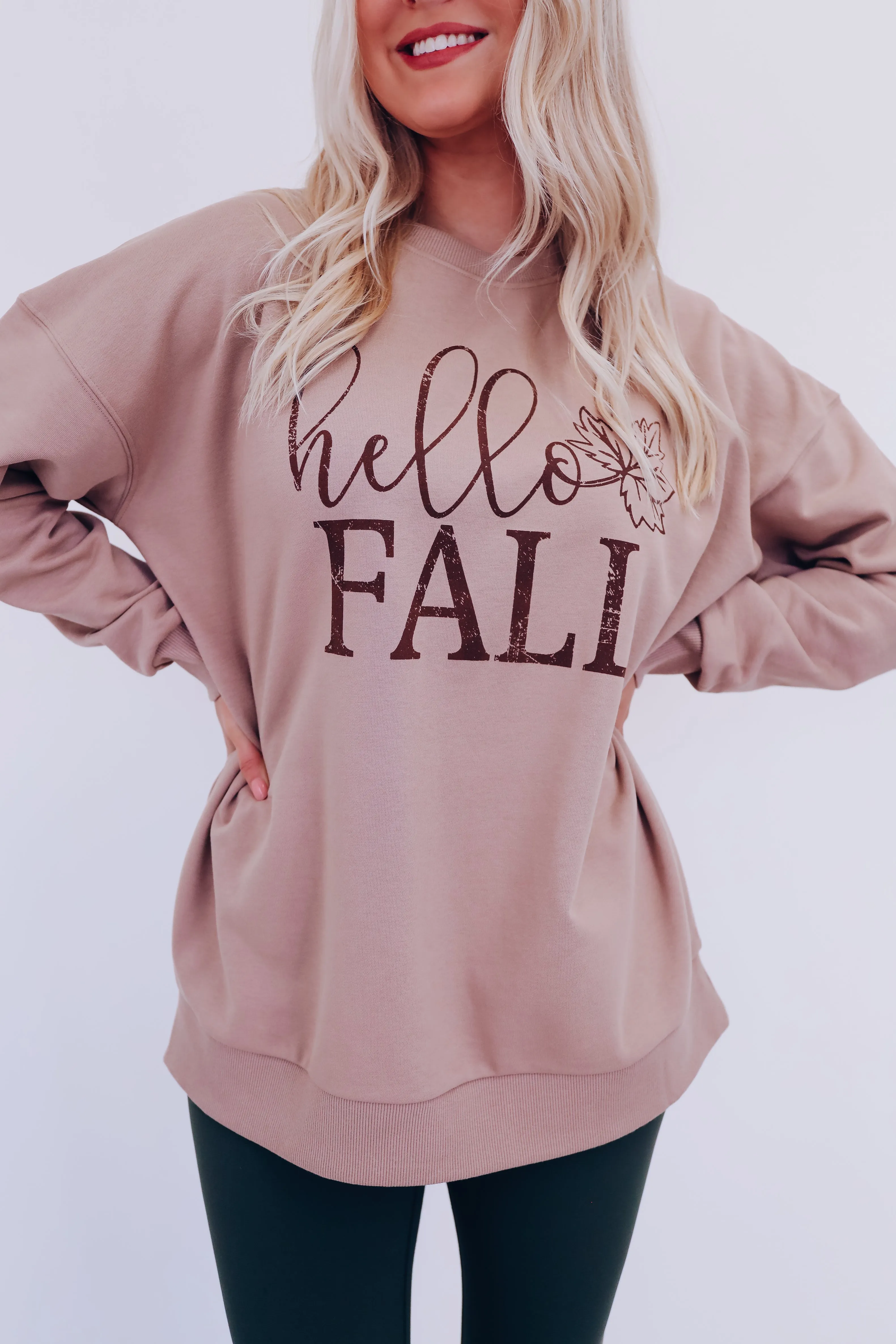 Hello Fall Oversized Graphic Sweatshirt - Tan