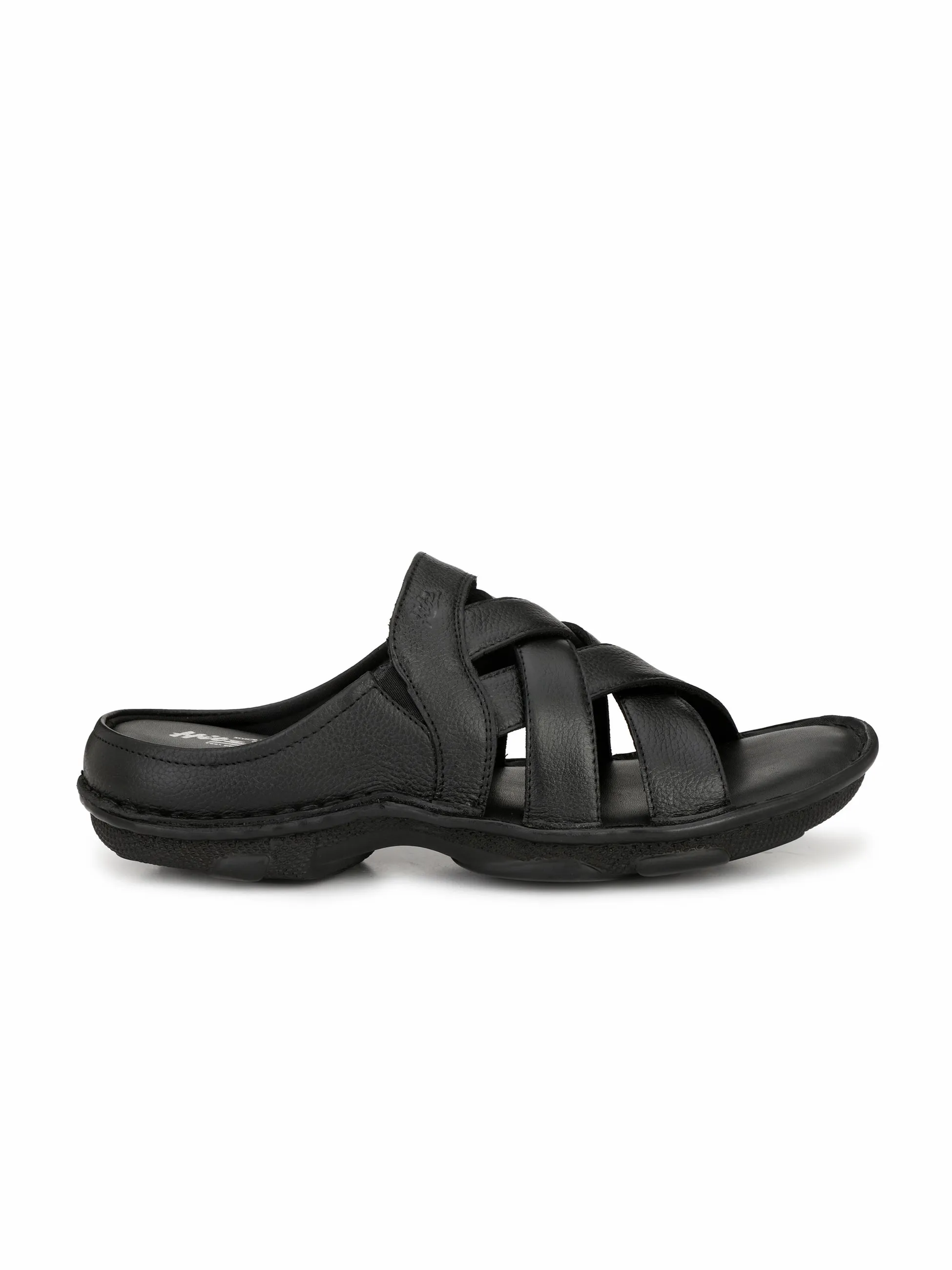 Hitz Men's Black Leather Comfort Slippers